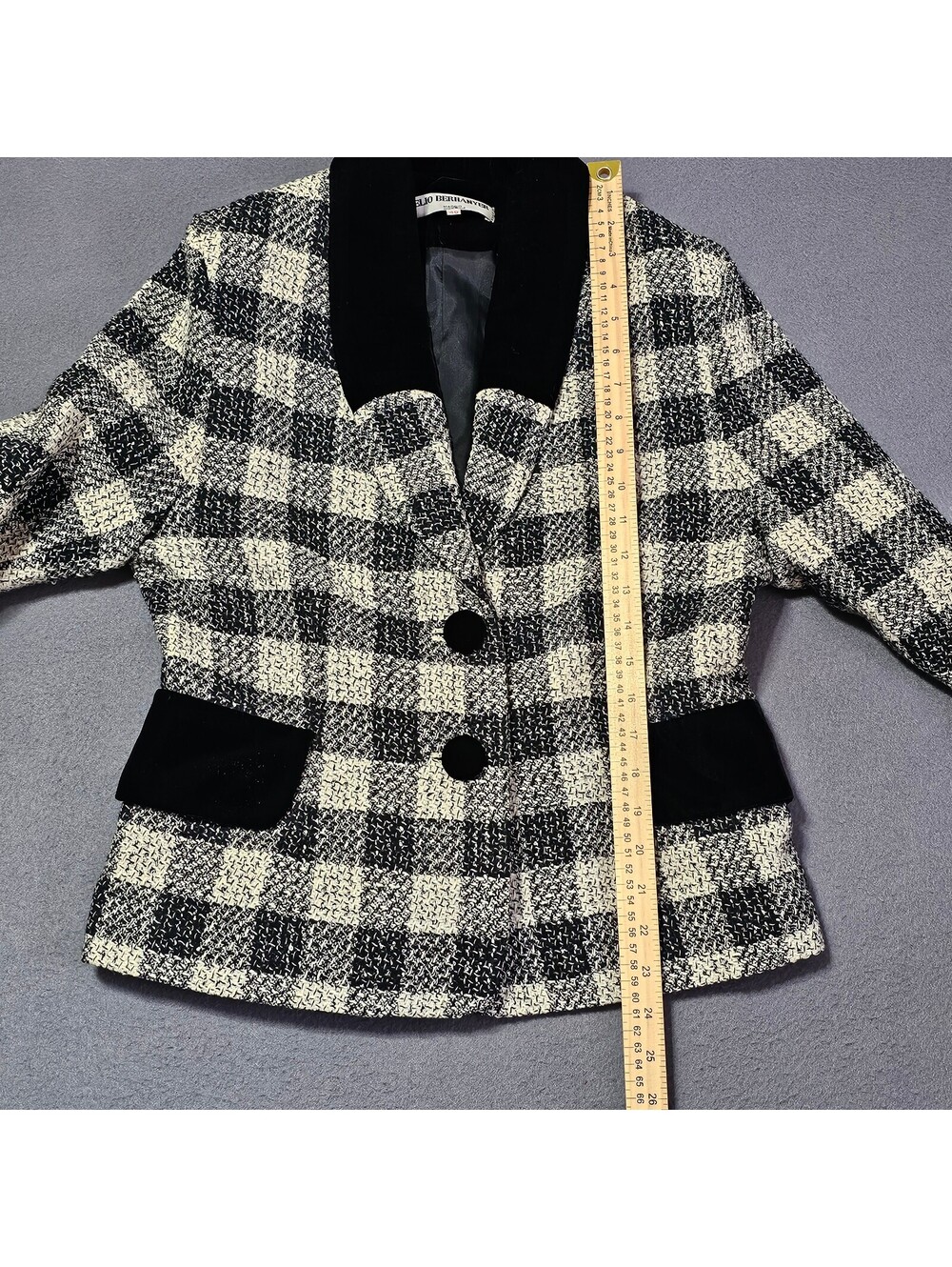 Elio Berhanyer Women's Size EU 46 US 14 Black White Checkered Blazer Velvet Trim - Picture 4 of 9